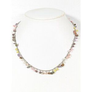 Boho Stone And Faux Pearl Charm Cluster Dainty Necklace Silver Tone 19"